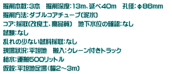 掘削本数：3本　掘削深度：13ｍ、延べ40ｍ　孔径：φ86ｍｍ　 掘削方法：ダブルコアチューブ(泥水)　 コア：採取(改良土、高品質)　地下水位の確認：なし 試験：なし 乱れの少ない試料採取：なし 現場状況：平坦地　搬入：クレーン付きトラック　 給水：運搬500リットル 仮設：平坦地足場（幅2～3ｍ)