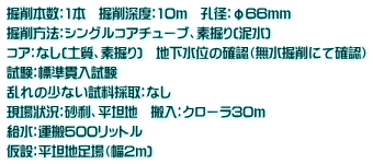 掘削本数：1本　掘削深度：10ｍ　孔径：φ66ｍｍ　 掘削方法：シングルコアチューブ、素掘り(泥水)　 コア：なし(土質、素掘り)　地下水位の確認（無水掘削にて確認） 試験：標準貫入試験 乱れの少ない試料採取：なし 現場状況：砂利、平坦地　搬入：クローラ30ｍ　 給水：運搬500リットル 仮設：平坦地足場（幅2ｍ)