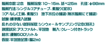 掘削本数：2本　掘削深度：10～15ｍ、延べ25ｍ　孔径：φ66ｍｍ　 掘削方法：シングルコアチューブ、素掘り(泥水)　 コア：なし(土質、素掘り)　地下水位の確認（無水掘削にて確認） 試験：標準貫入試験 乱れの少ない試料採取：シンウォールサンプリング2本(別孔) 現場状況：アスファルト、平坦地　搬入：クレーン付きトラック　 給水：運搬500リットル 仮設：平坦地足場（幅2ｍ)