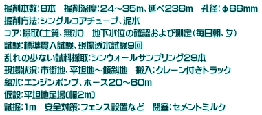 掘削本数：8本　掘削深度：24～35ｍ、延べ236ｍ　孔径：φ66ｍｍ 掘削方法：シングルコアチューブ、泥水　 コア：採取(土質、無水)　地下水位の確認および測定（毎日朝、夕）　 試験：標準貫入試験、現場透水試験9回 乱れの少ない試料採取：シンウォールサンプリング29本 現場状況：市街地、平坦地～傾斜地　搬入：クレーン付きトラック 給水：エンジンポンプ、ホース20～60ｍ 仮設：平坦地足場(幅2ｍ) 試掘：1ｍ　安全対策：フェンス設置など　閉塞：セメントミルク