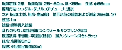 掘削本数：2本　掘削深度：28～60ｍ、延べ88ｍ　孔径：φ66ｍｍ 掘削方法：シングル・ダブルコアチューブ、泥水　 コア：採取(土質、無水・高品質)　地下水位の確認および測定（毎日朝、夕）　 試掘：1ｍ 試験：標準貫入試験 乱れの少ない試料採取：シンウォールサンプリング6本 現場状況：市街地、平坦地(砂利)　搬入：クレーン付きトラック 給水：水運搬5ｍ3 仮設：平坦地足場(幅3ｍ)