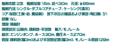 掘削本数：2本　掘削深度：15ｍ、延べ30ｍ　孔径：φ66ｍｍ 掘削方法：シングル・ダブルコアチューブ、ケーシング(清水)　 コア：採取(土質・岩、高品質)　地下水位の確認および測定（毎日朝、夕）　 試験：なし 埋設：伸縮計 現場状況：山林内、傾斜地・平坦地　搬入：モノレール 給水：エンジンポンプ、ホース30ｍ、高圧ホース270ｍ 仮設：傾斜地(幅3ｍ)および平坦地足場(幅3ｍ)、モノレール仮設129ｍ