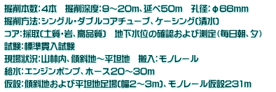 掘削本数：4本　掘削深度：9～20ｍ、延べ50ｍ　孔径：φ66ｍｍ 掘削方法：シングル・ダブルコアチューブ、ケーシング(清水)　 コア：採取(土質・岩、高品質)　地下水位の確認および測定（毎日朝、夕）　 試験：標準貫入試験 現場状況：山林内、傾斜地～平坦地　搬入：モノレール 給水：エンジンポンプ、ホース20～30ｍ 仮設：傾斜地および平坦地足場(幅2～3ｍ)、モノレール仮設231ｍ