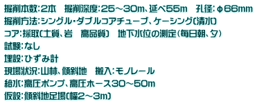 掘削本数：2本　掘削深度：25～30ｍ、延べ55ｍ　孔径：φ66ｍｍ 掘削方法：シングル・ダブルコアチューブ、ケーシング(清水) コア：採取(土質、岩　高品質)　地下水位の測定（毎日朝、夕）　 試験：なし 埋設：ひずみ計 現場状況：山林、傾斜地　搬入：モノレール 給水：高圧ポンプ、高圧ホース30～50ｍ 仮設：傾斜地足場(幅2～3ｍ)