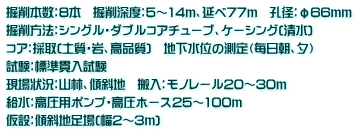 掘削本数：8本　掘削深度：5～14ｍ、延べ77ｍ　孔径：φ66ｍｍ 掘削方法：シングル・ダブルコアチューブ、ケーシング(清水)　 コア：採取(土質・岩、高品質)　地下水位の測定（毎日朝、夕） 試験：標準貫入試験 現場状況：山林、傾斜地　搬入：モノレール20～30ｍ 給水：高圧用ポンプ・高圧ホース25～100ｍ 仮設：傾斜地足場(幅2～3ｍ)