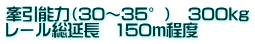 牽引能力（30～35°）　300kg レール総延長　150ｍ程度